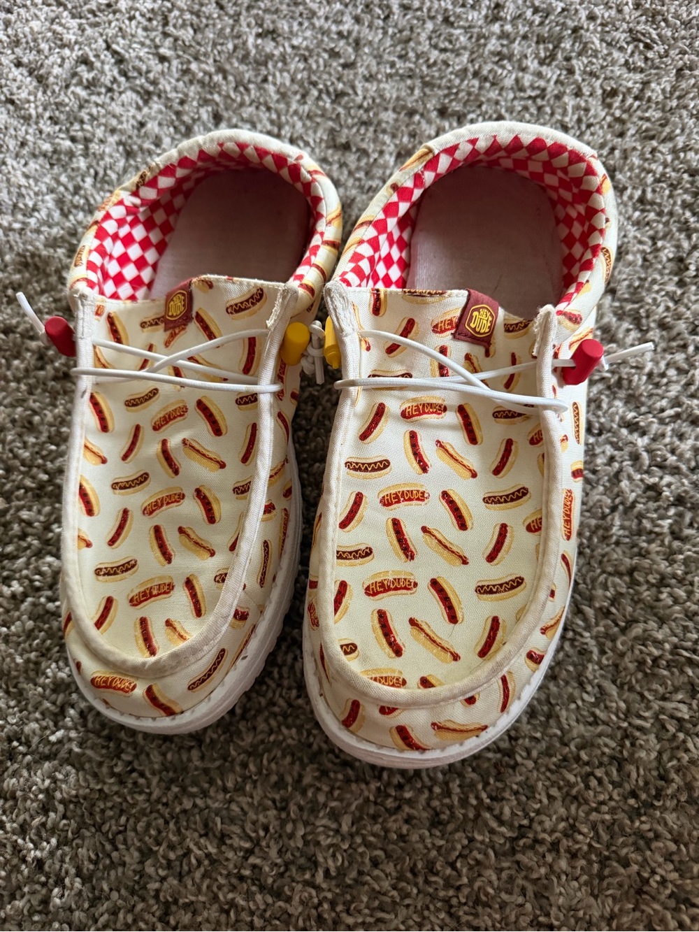 Hey Dude men’s Slip-On Sneakers with Hot Dog Print in White, Red & Yellow
